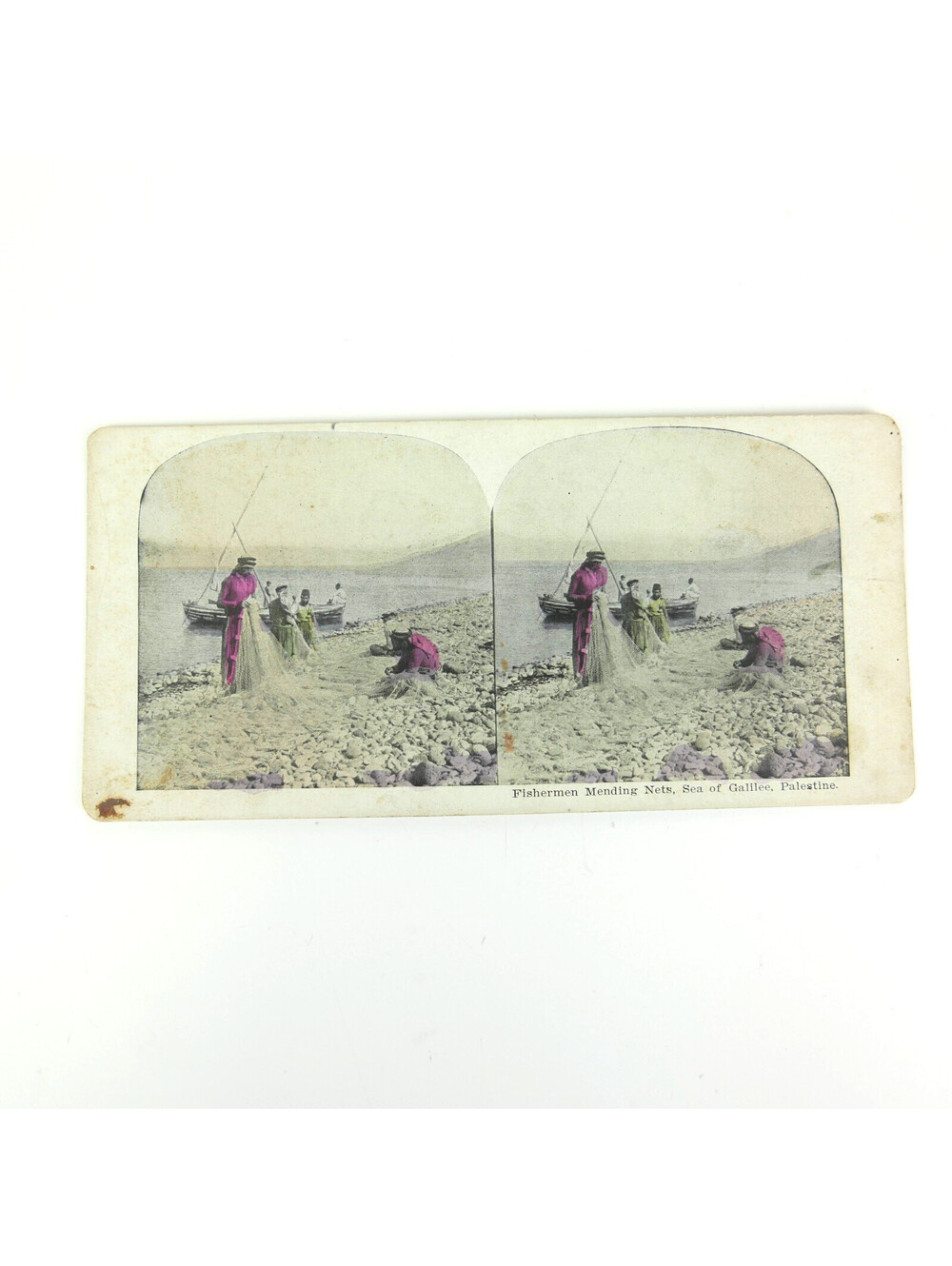 Antique Stereoview Card Fishermen Mending Net Sea of Galilee Palestine Holy Land